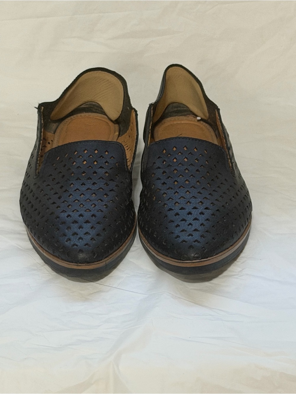Adrienne Vittadini Perforated Slip-On Loafers in Black with Tan Trim